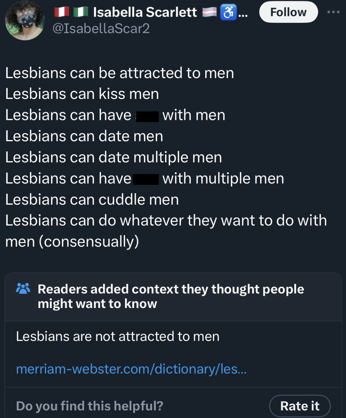 screenshot - Isabella Scarlett ... Lesbians can be attracted to men Lesbians can kiss men Lesbians can have with men Lesbians can date men Lesbians can date multiple men Lesbians can have Iwith multiple men Lesbians can cuddle men Lesbians can do whatever